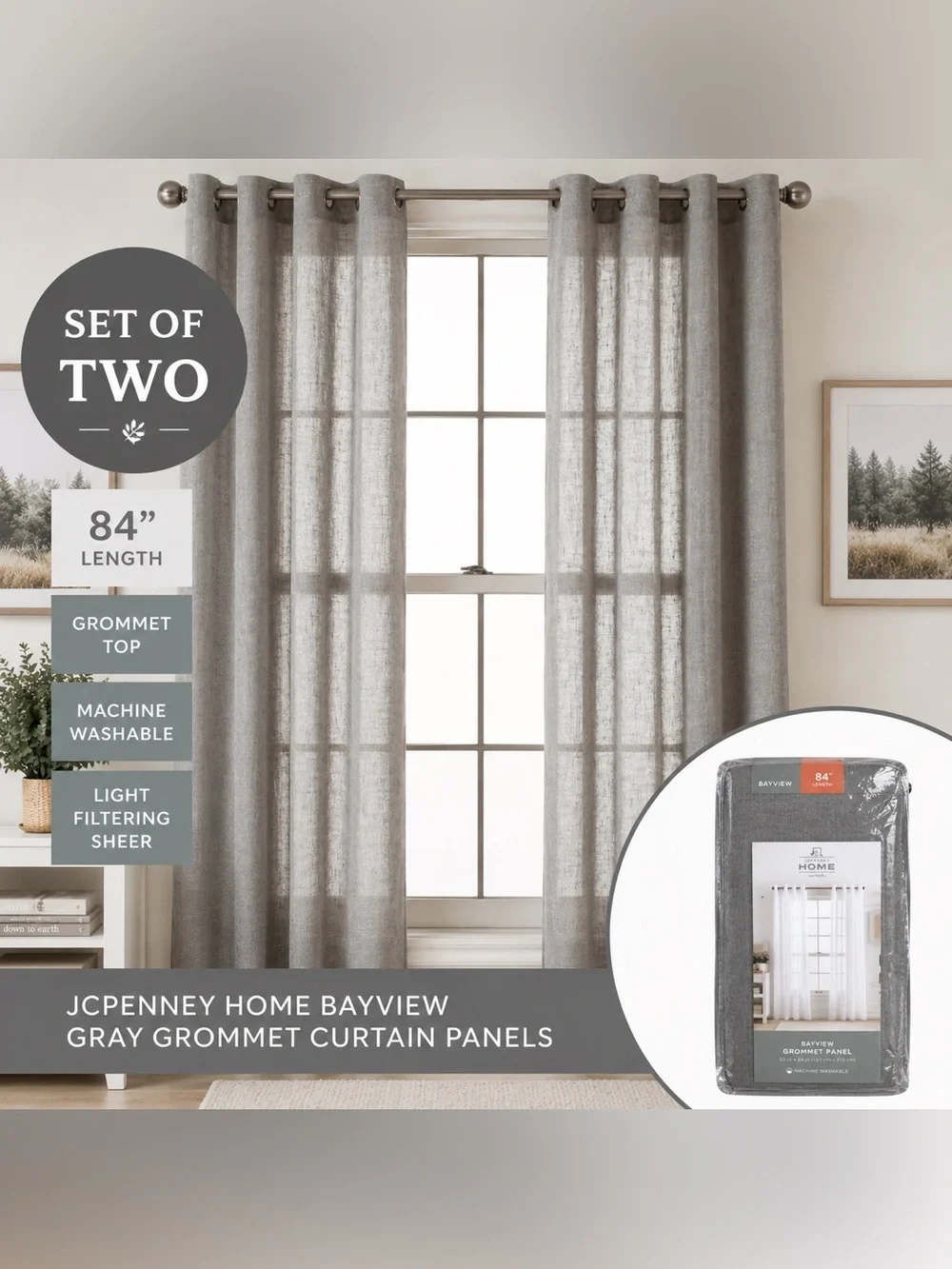 JCPenney Home Bayview Gray Sheer Grommet Curtain Panel 84” set of TWO